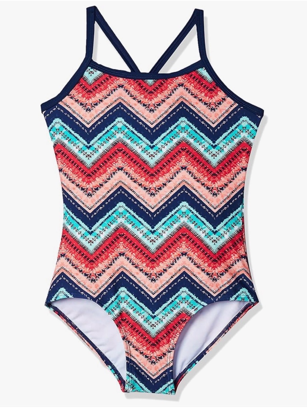 Kanu Surf Girls' Chevron One-Piece Swimsuit - Navy, Coral & Aqua